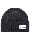 Logo Label Rib Knit Wool Beanie Dark Grey - GANNI - BALAAN 2