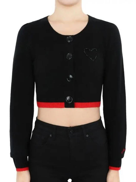 Women's Heart Beads Wool Cashmere Crop Cardigan Black - GANNI - BALAAN 2