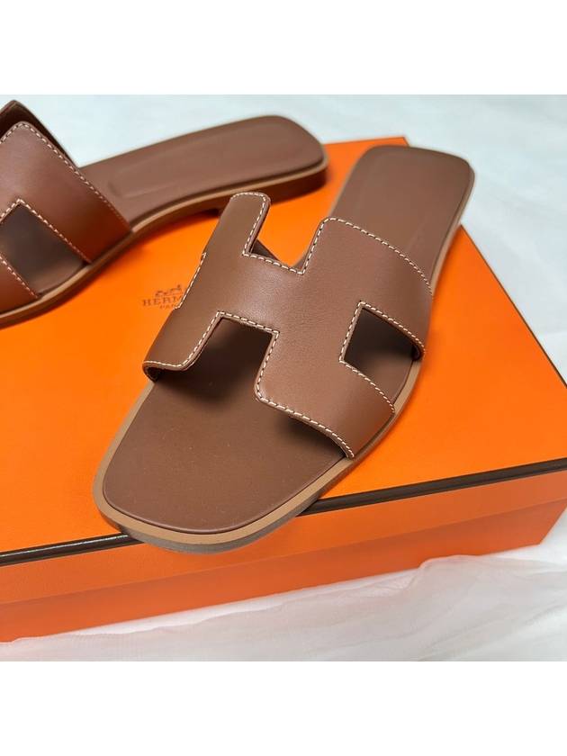 Oran Calfskin Slippers Gold Piqures Ecrues - HERMES - BALAAN 3