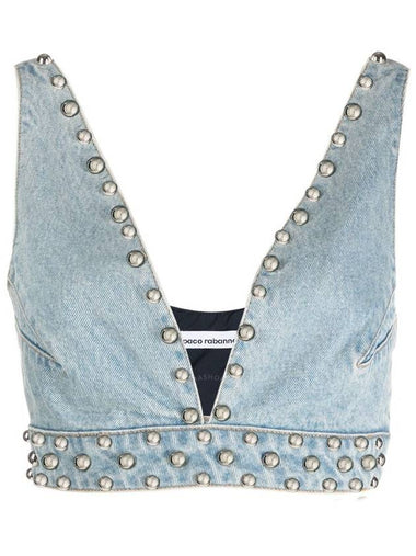 Rabanne Ladies Light Blue Denim Studded Denim Bralette, Brand Size 36 (US Size 4) - PACO RABANNE - BALAAN 1