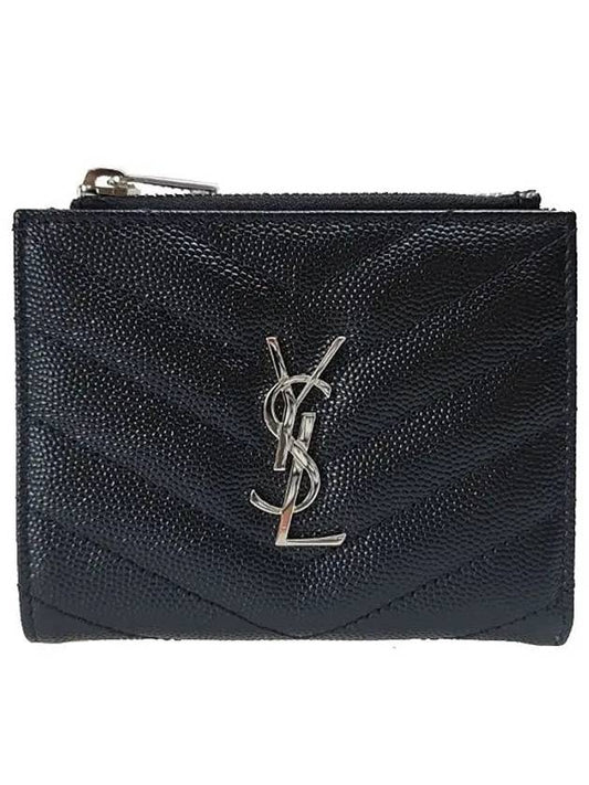 Monogram Matelasse Caviar Zipper Half Wallet Black Silver Hardware - SAINT LAURENT - BALAAN 2