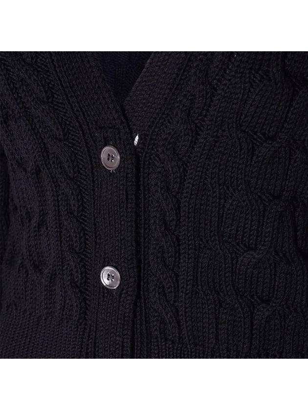 Merino Wool Crisscross Cable Stitch 3/4 Sleeve V-Neck Cardigan Navy - THOM BROWNE - BALAAN 5