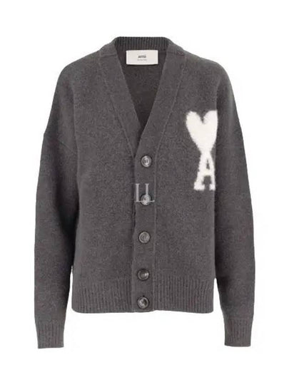 Intarsia Logo Knit Cardigan Dark Grey - AMI - BALAAN 2