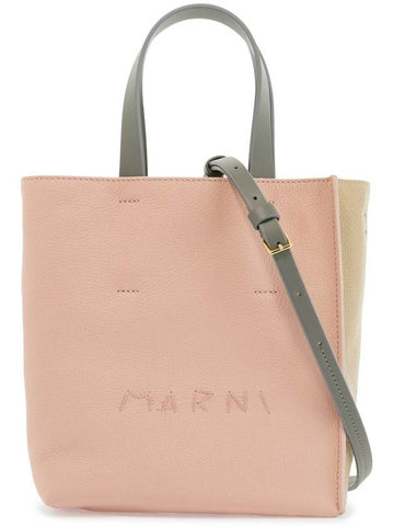 pink and beige calfskin shopping bag with gray handles - MARNI - BALAAN 1