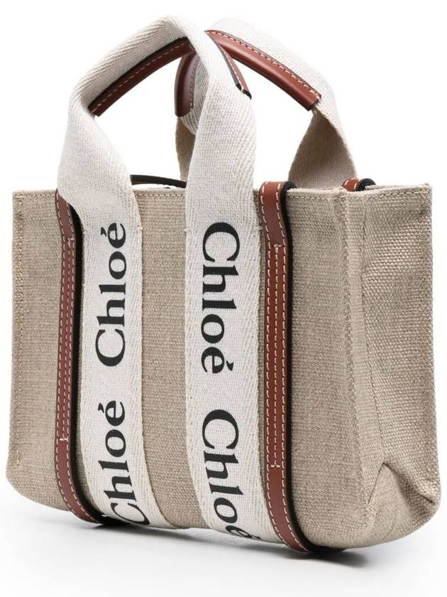 Woody Linen Canvas Calfskin Tote Bag White Brown - CHLOE - BALAAN 5