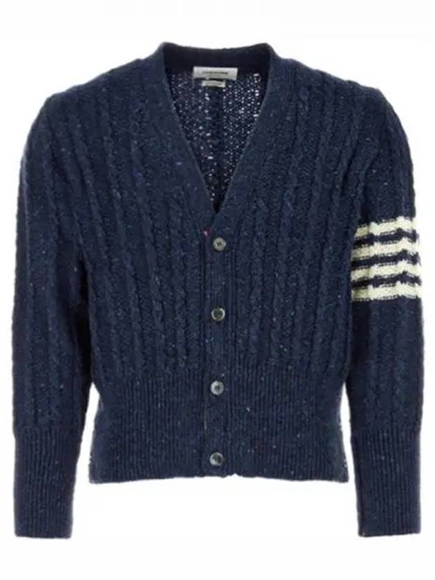 Donegal Twist Cable 4 Bar Classic V Neck Cardigan Blue - THOM BROWNE - BALAAN 2