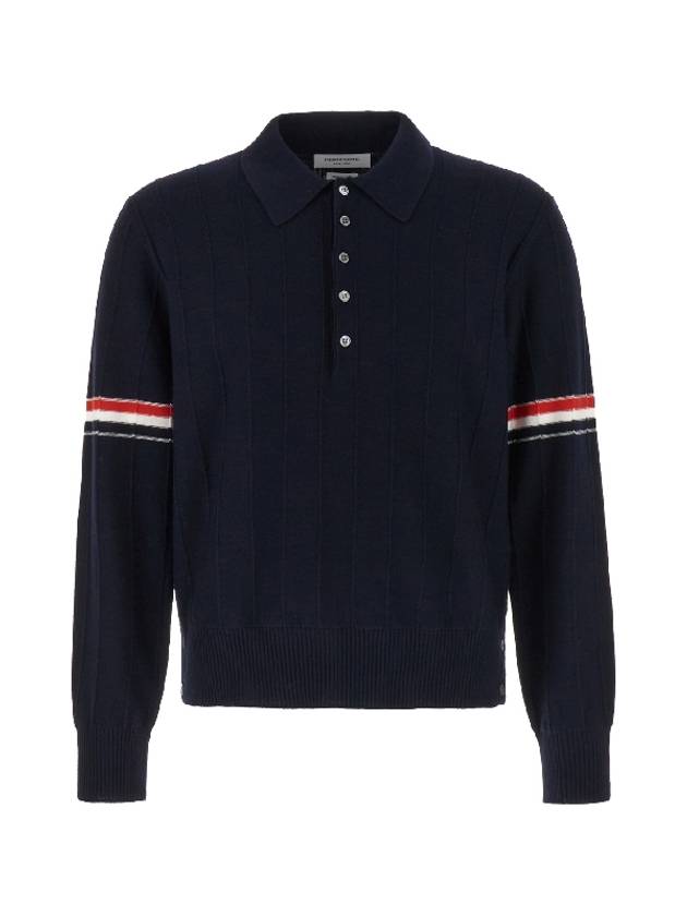 Striped Virgin Wool Long Sleeve Polo Shirt Navy - THOM BROWNE - BALAAN 1