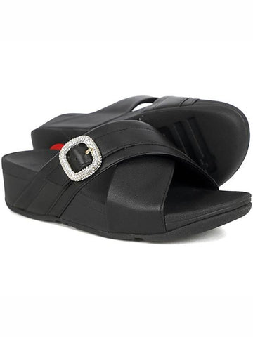 Lulu Crystal Buckle Cross Leather Slippers Black - FITFLOP - BALAAN 1