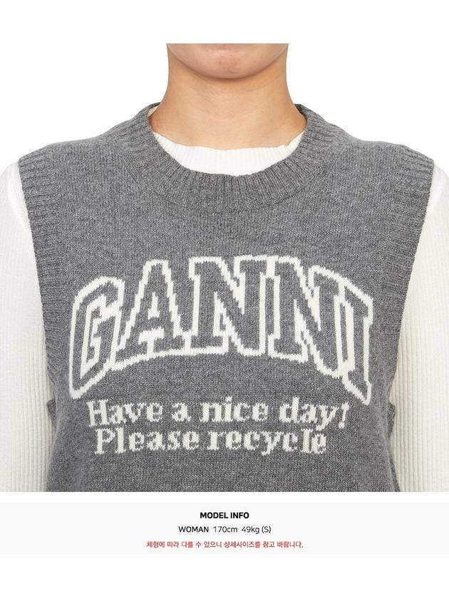 Logo Graphic Crew Neck Wool Knit Vest Grey - GANNI - BALAAN 6