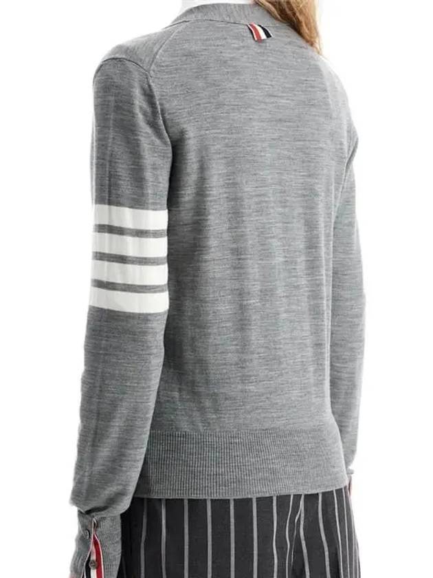 Sustainable Fine Merino Wool 4-Bar Relaxed Fit V-Neck Cardigan Light Grey - THOM BROWNE - BALAAN 4