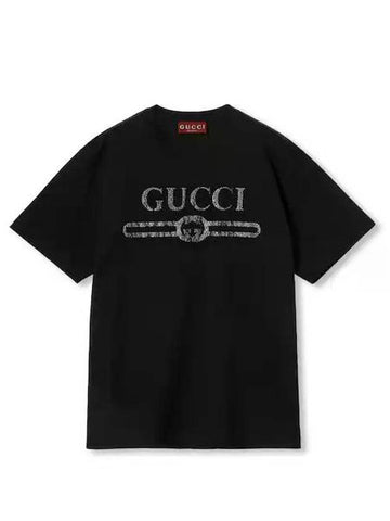 Embroidered Cotton Jersey Short Sleeve T-Shirt Black - GUCCI - BALAAN 1