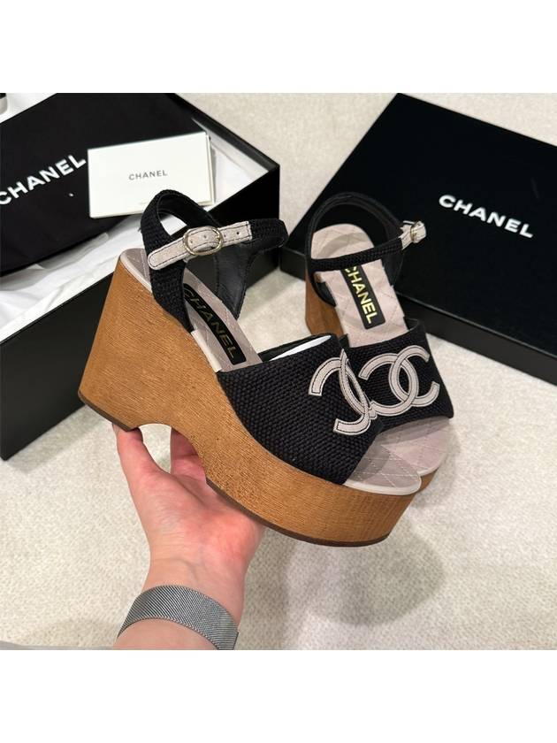 Wood wedge heel sandals fabric calfskin ankle strap CC logo - CHANEL - BALAAN 5