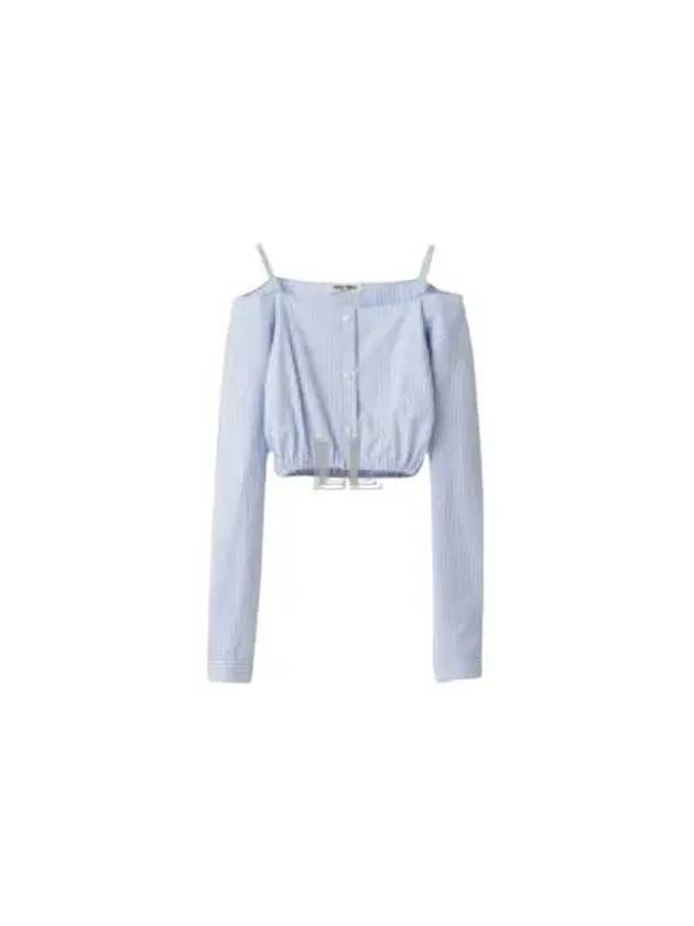 Stripe Shambray Off Shoulder Cotton Blouse Blue - MIU MIU - BALAAN 2