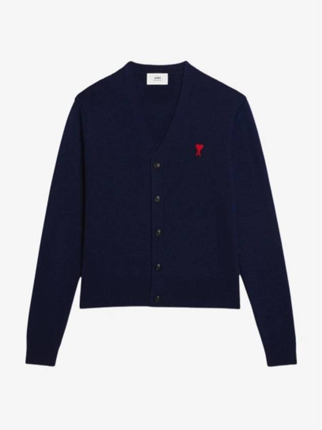 Small Heart Logo Wool Cardigan Navy - AMI - BALAAN 2