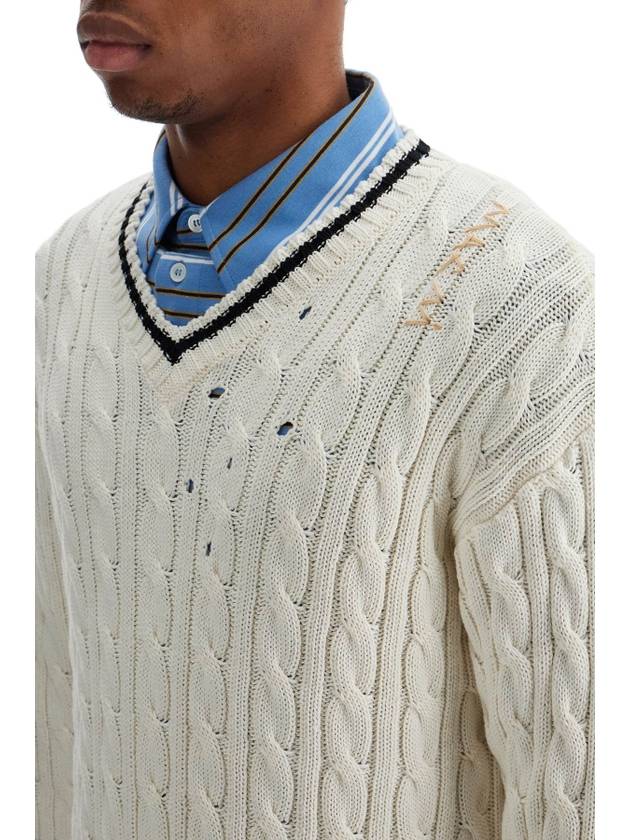 white cotton sweater with cable knit v-neck - MARNI - BALAAN 4