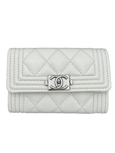 Boy Silver Logo Caviar Leather Card Wallet White - CHANEL - BALAAN 1