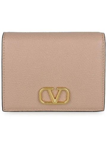 Women's V Logo Signature Compact Half Wallet Dark Beige - VALENTINO - BALAAN 1