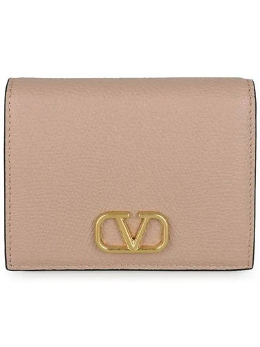 Women's V Logo Signature Compact Half Wallet Dark Beige - VALENTINO - BALAAN 1