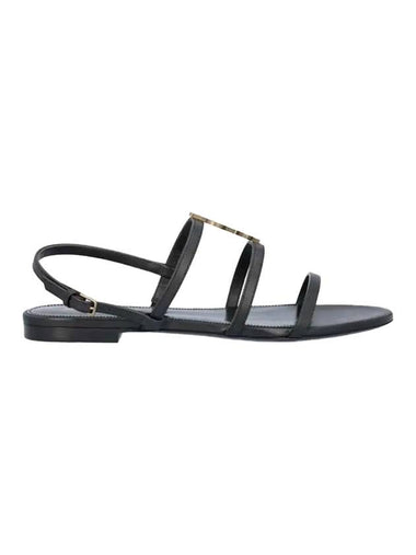 Women's Smooth Leather Gold Tone Monogram Detail Cassandra Flat Sandals Black - SAINT LAURENT - BALAAN 1