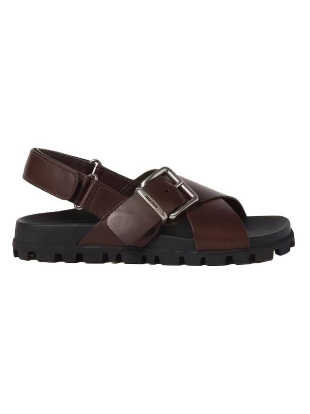 Women s Sporty Leather Sandals Dark Brown - MIU MIU - BALAAN 1