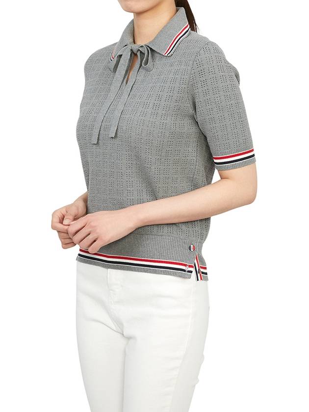 Grid Stitch Pointel Stripe Keyhole Short Sleeve Polo Shirt Grey - THOM BROWNE - BALAAN 8