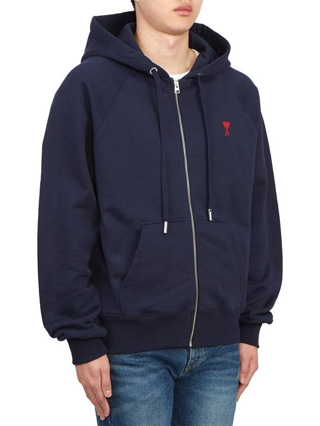 Small Heart Logo Cotton Zip Up Hoodie Night Blue - AMI - BALAAN 5