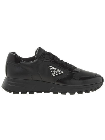 Triangle Logo Leather Low-Top Sneakers Black - PRADA - BALAAN 1