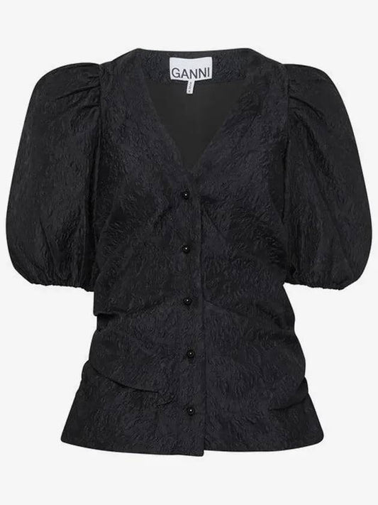 Women's Jacquard V-neck Puff Sleeve Blouse Black - GANNI - BALAAN 2