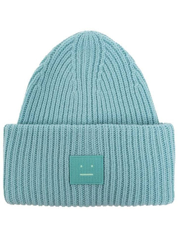 Studios Face Patch Ribbed Wool Beanie Turquoise Blue - ACNE STUDIOS - BALAAN.