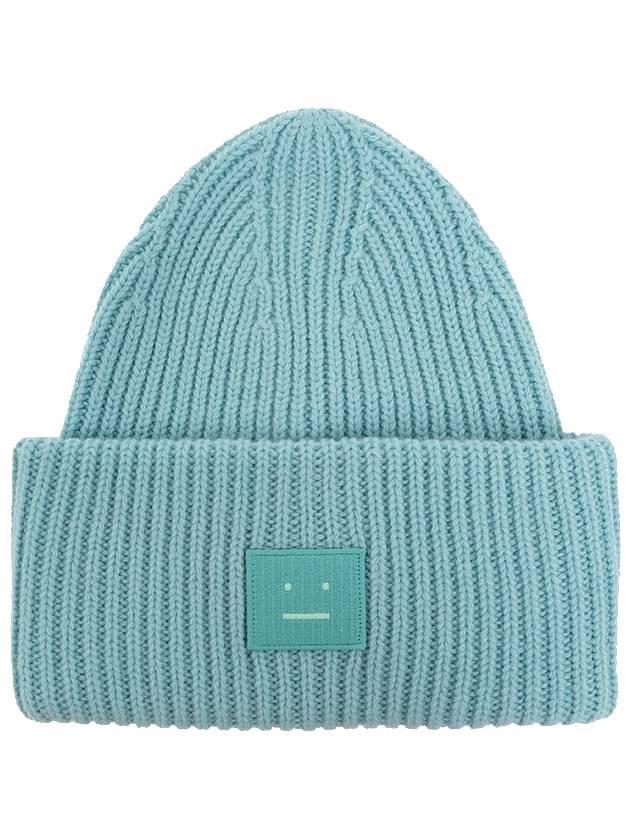 Face Patch Ribbed Wool Beanie Turquoise Blue - ACNE STUDIOS - BALAAN 1