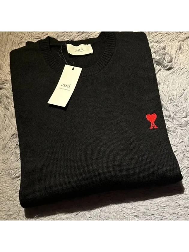 Heart Embroidered Logo Crew Neck Knit Top Black - AMI - BALAAN 7