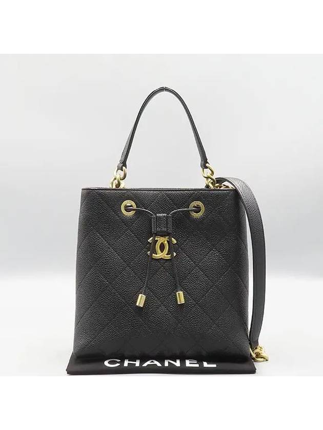 AS0310 Black Caviar Skin Gold COCO Logo Drawstring Bucket Chain Tote Bag Shoulder Strap 2WAY - CHANEL - BALAAN 1