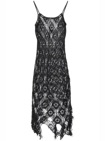 See Through Embroidery Pattern Slip Frayed Hem Midi Dress Black - MAISON MARGIELA - BALAAN 1