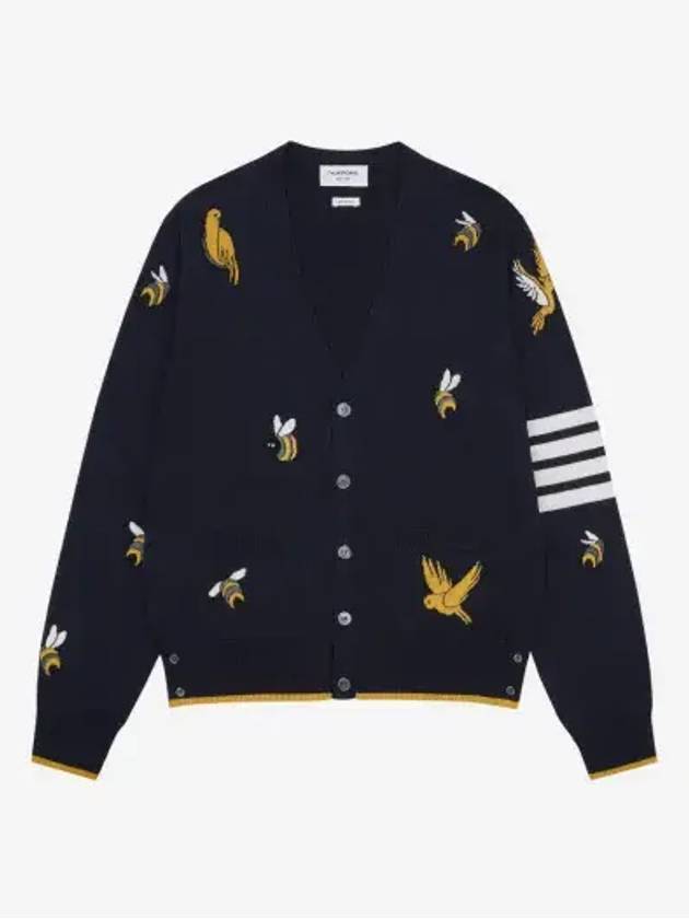 Men's Merino Bird Bee 4 Bar V-Neck Merino Cotton Cardigan Navy - THOM BROWNE - BALAAN 3