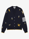 Men's Merino Bird Bee 4 Bar V-Neck Merino Cotton Cardigan Navy - THOM BROWNE - BALAAN 2