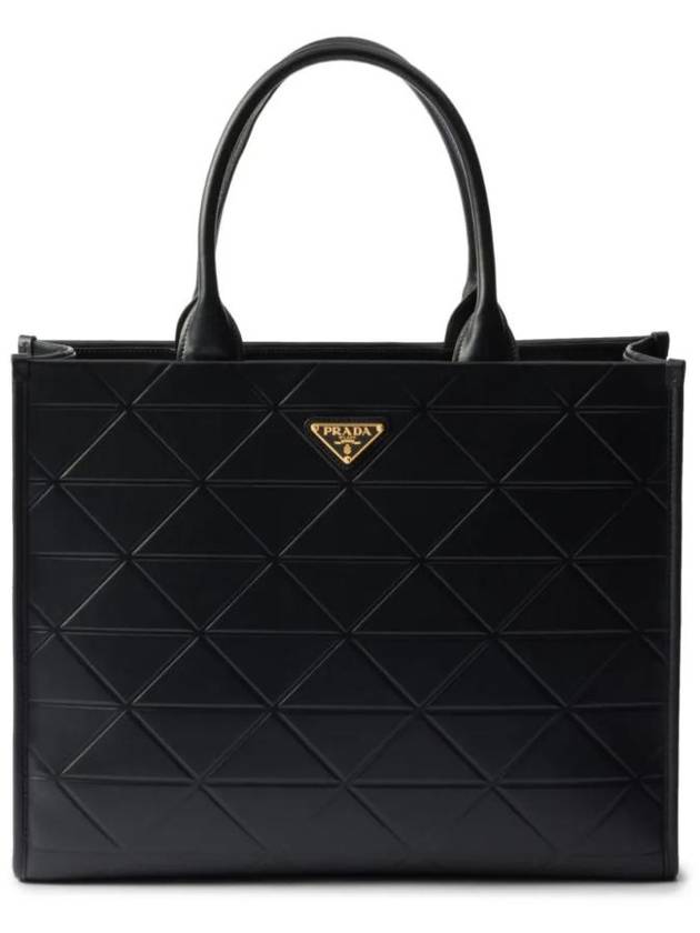 Topstitched Plaque Large Leather Hand Tote Bag Black - PRADA - BALAAN 1