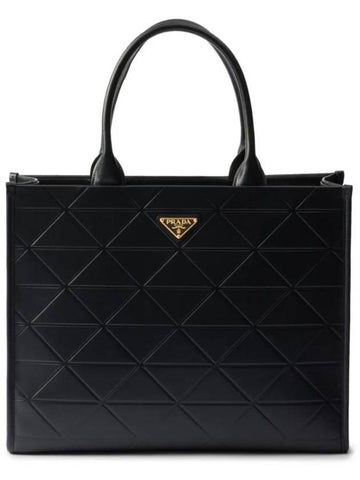 Topstitched Plaque Large Leather Hand Tote Bag Black - PRADA - BALAAN 1