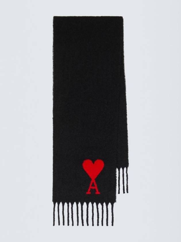 Heart Logo Oversized Wool Fringe Scarf Black - AMI - BALAAN.