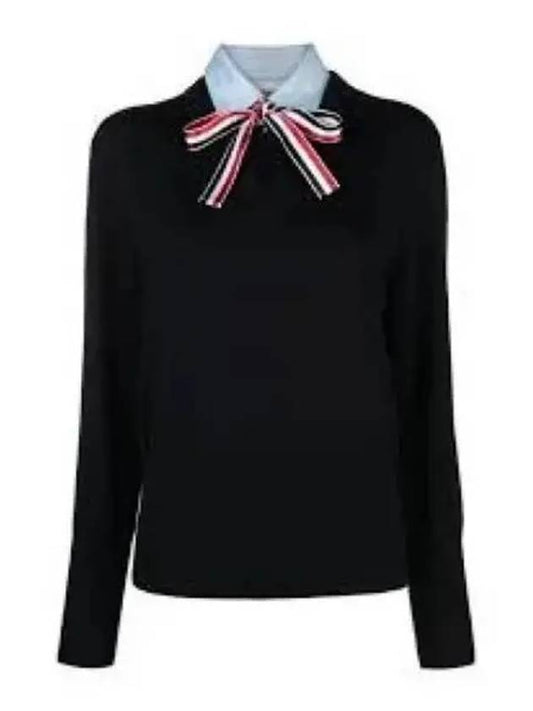 Jersey Stitch Ribbon Tie Knit Top Navy - THOM BROWNE - BALAAN 2