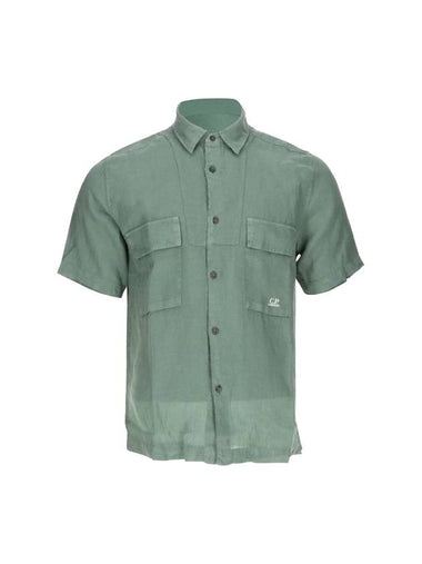 Linen Short Sleeve Shirt Green - CP COMPANY - BALAAN 1