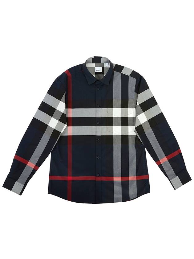 Men's Checked Stretch Cotton Poplin Long Sleeve Shirt Navy - BURBERRY - BALAAN 2