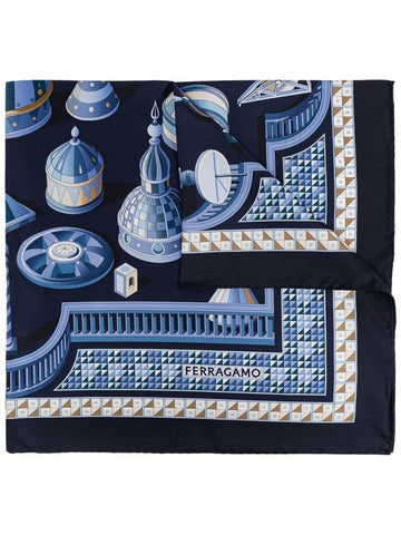 FERRAGAMO Silk Scarf With Print, Women's, Navy Blue - SALVATORE FERRAGAMO - BALAAN 1