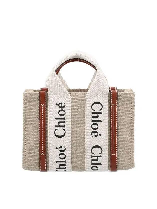 Woody Linen Canvas Calfskin Tote Bag White Brown - CHLOE - BALAAN 3