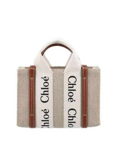 Woody Linen Canvas Calfskin Tote Bag White Brown - CHLOE - BALAAN 2