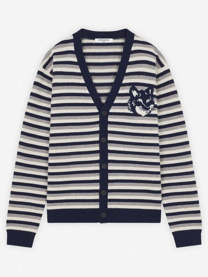 Fox Head Intarsia Striped Comfort Cardigan Navy White - MAISON KITSUNE - BALAAN 2