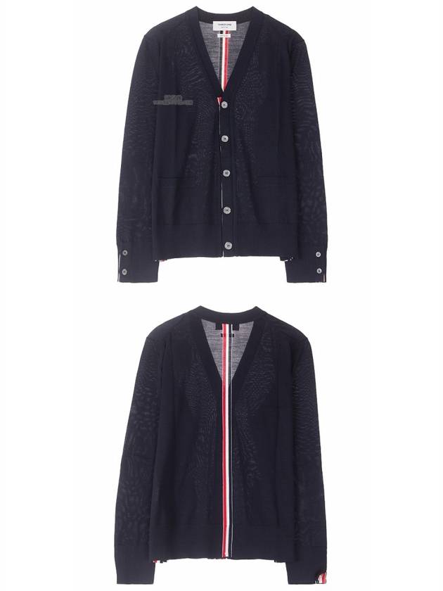 Men's Navy Classic Three-Stripe Backstripe Wool Cardigan - THOM BROWNE - BALAAN 5