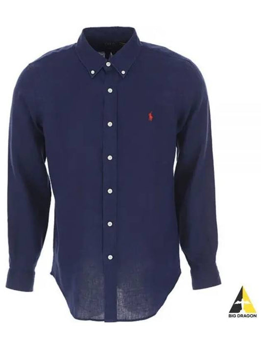 Men's Pony Embroidery Linen Oxford Long Sleeve Shirt Blue - POLO RALPH LAUREN - BALAAN 2