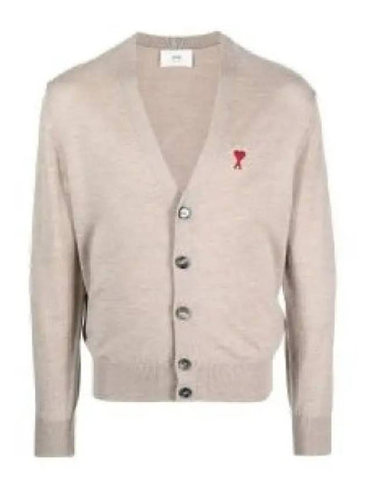 Red Heart Logo Merino Wool Cardigan Beige - AMI - BALAAN 2