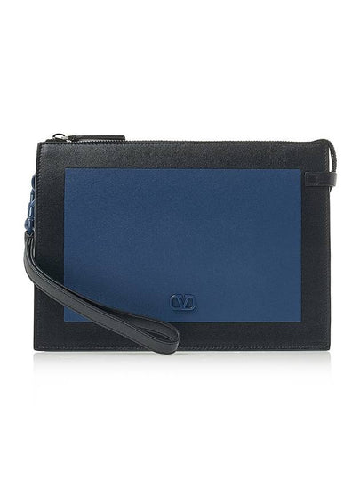 V Logo Bicolor Leather Clutch Bag Black Navy - VALENTINO - BALAAN 2