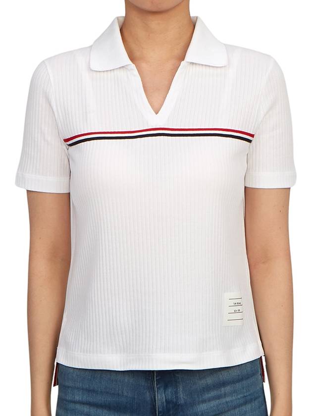 Three Stripes High Twist Rib Polo Shirt White - THOM BROWNE - BALAAN 2